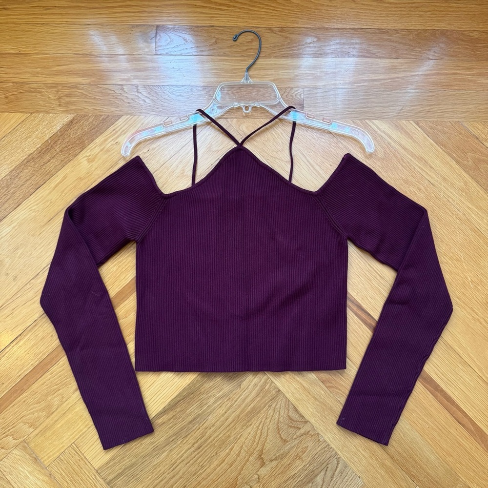 Garage Maroon Ribbed Cold Shoulder Sexy Top